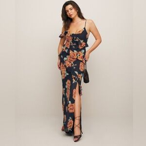 new Reformation Elysia floral print ruffle cascading gown in black orange